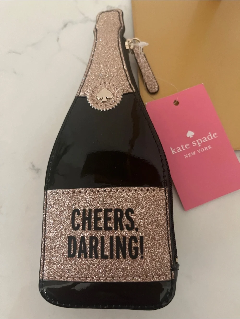 NWT Kate Spade CHEERS DARLING! Glitter Champagne Bottle coin purse